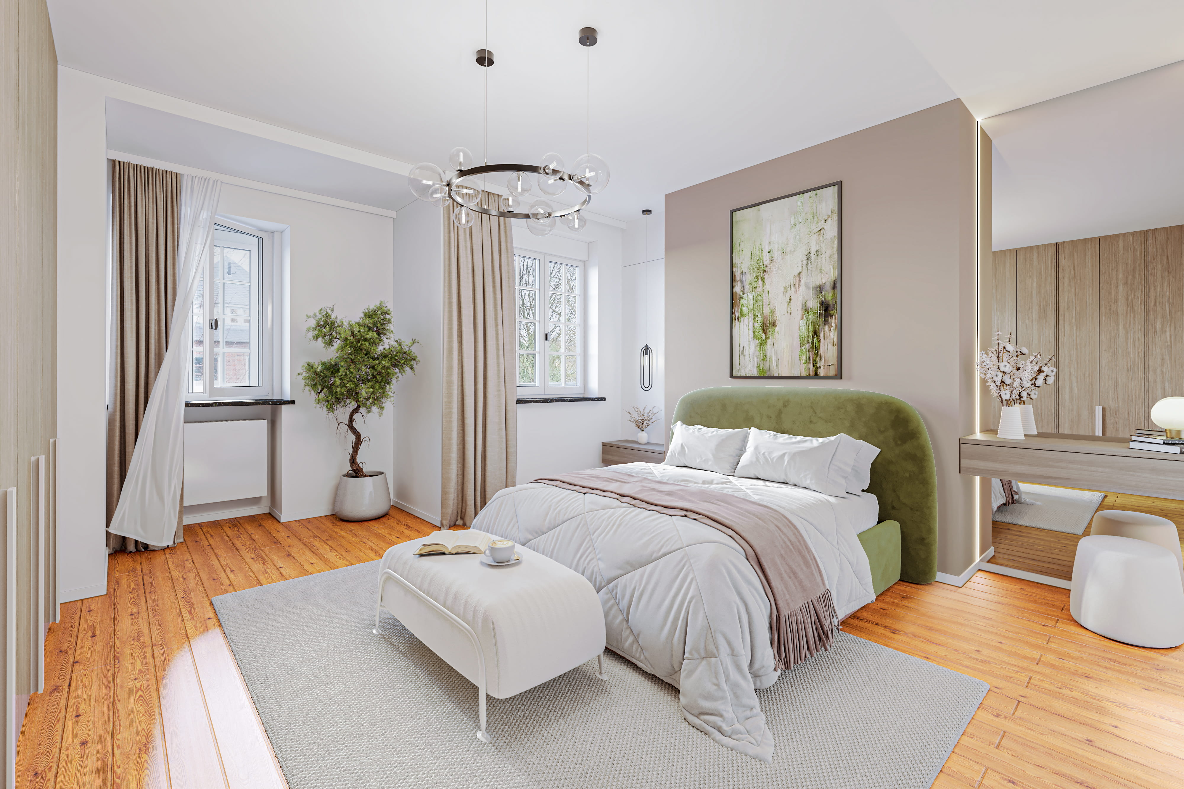 Nachher-Bild eines virtuellen Home Stagings in einem hellen, modern eingerichteten Schlafzimmer mit einem Kingsize-Bett, das über ein markantes grünes Samtkopfteil verfügt. Der Raum ist mit einem hellgrauen Teppich, einer weißen Polsterbank am Fußende, zwei Fenstern mit beigen Vorhängen, einem künstlichen Olivenbaum und einer auffälligen Ring-Deckenleuchte ausgestattet. Eine elegante Akzentwand in Taupe und ein integrierter Schminktisch runden das Raumkonzept ab.